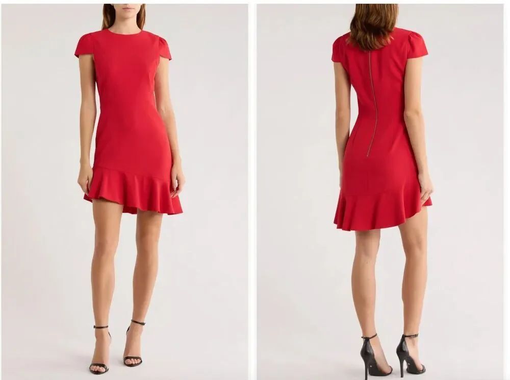 New Alice + Olivia Fable Asymmetric Ruffle Dress in Red Size 10
